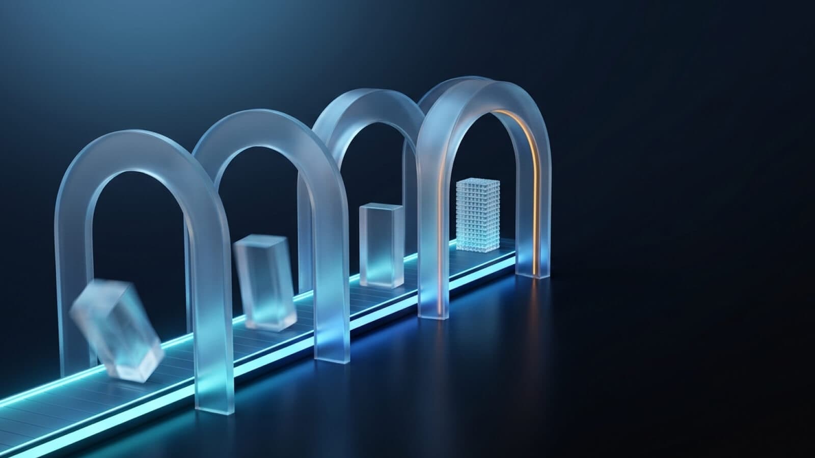 Esteira de luz passando por quatro arcos, com uma forma que fica mais reta e nítida a cada etapa.