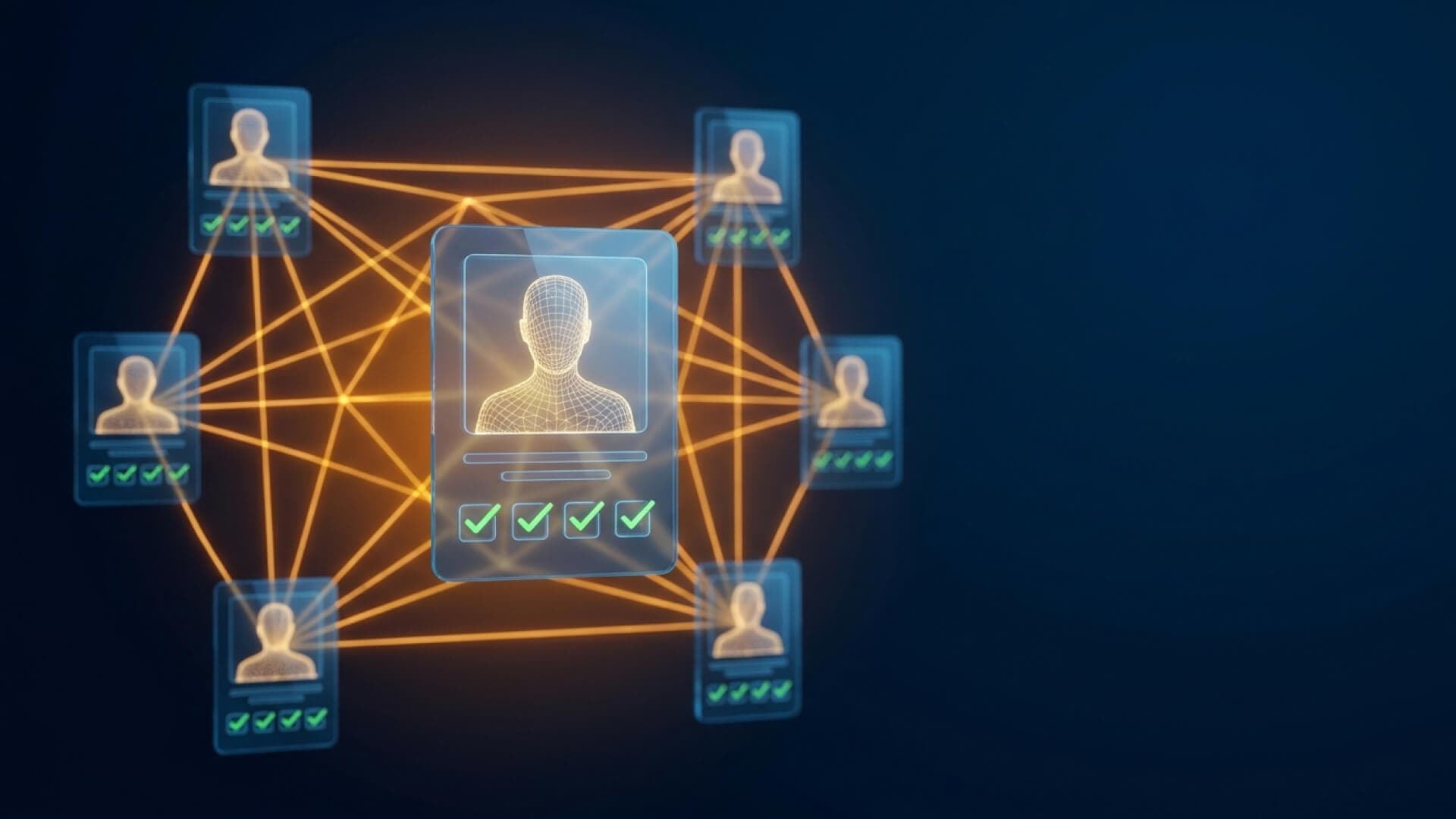 Cadastro aprovado em todas as verificações com teia de conexões em alerta ao fundo