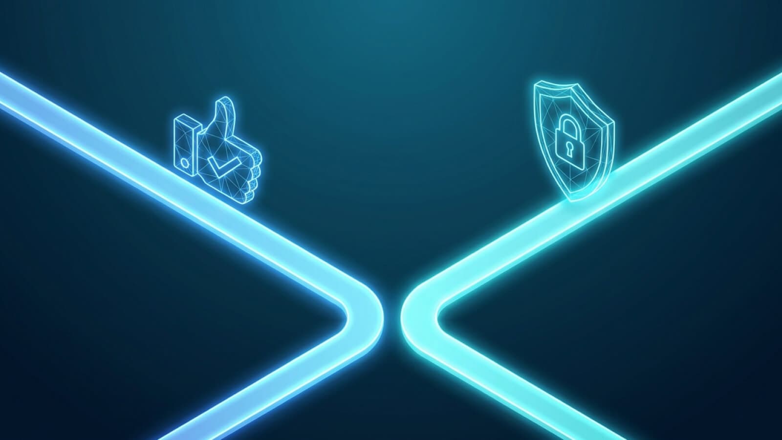 Dois caminhos de luz com ícones de mão aberta e escudo, representando consentimento e prevenção à fraude