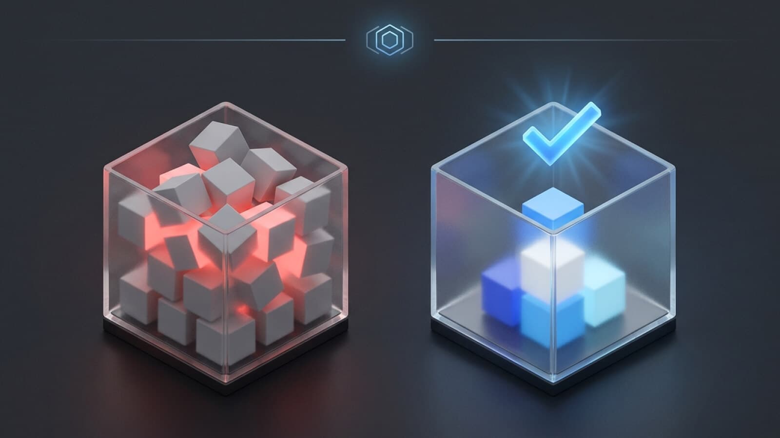 Duas caixas de vidro comparando o volume de dados armazenados, uma cheia e outra com três registros verificados