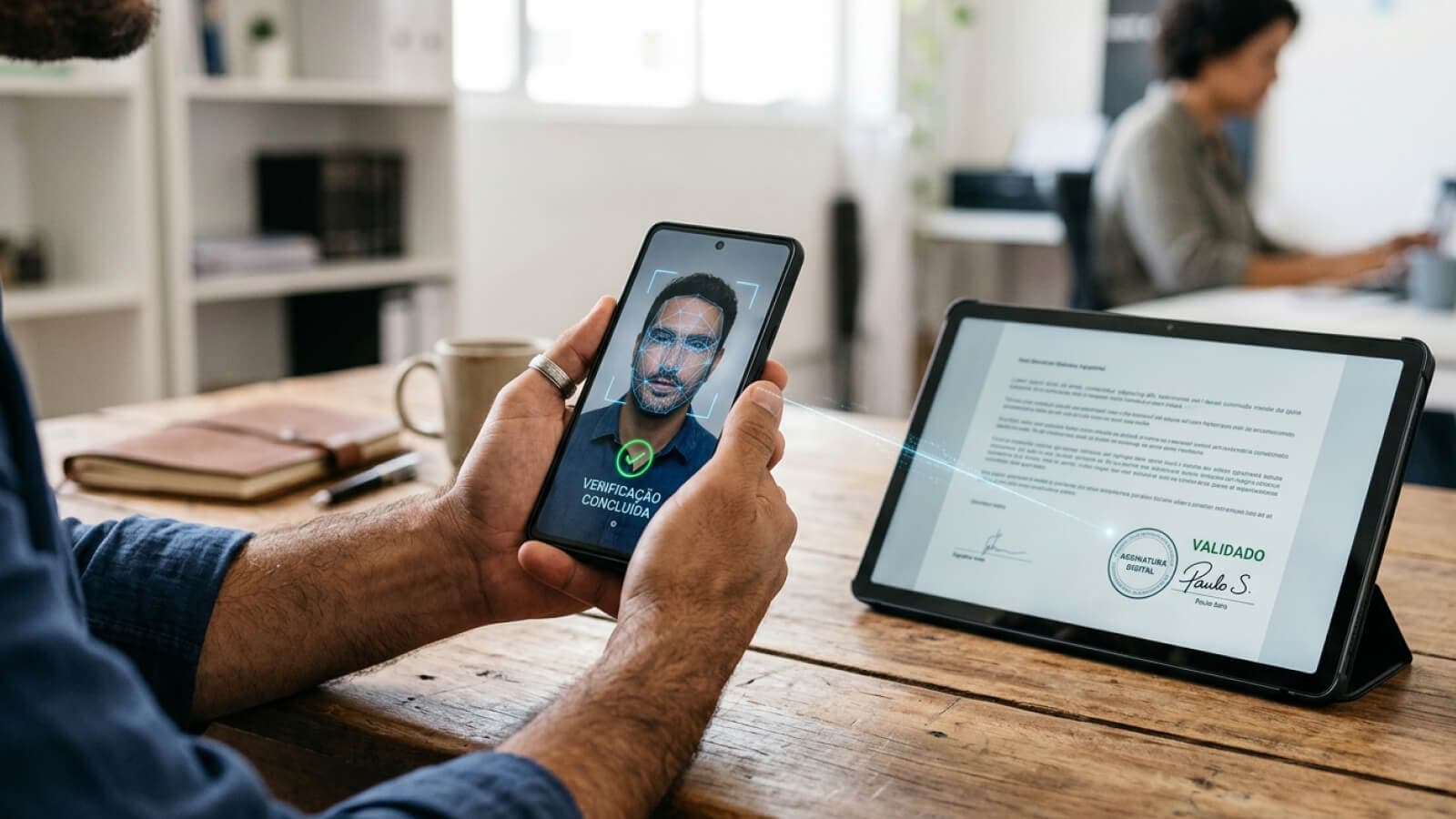 Homem faz reconhecimento facial no celular enquanto um documento recebe selo de assinatura digital no tablet