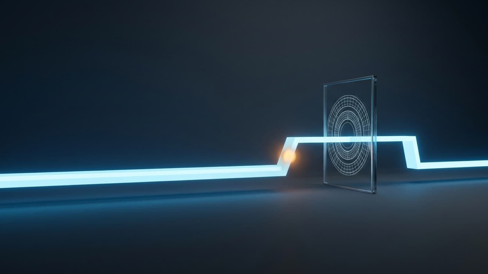 Faixa de luz plana que se eleva em um único degrau para atravessar um portal verificado, marcada por um nó âmbar, e volta a correr plana.