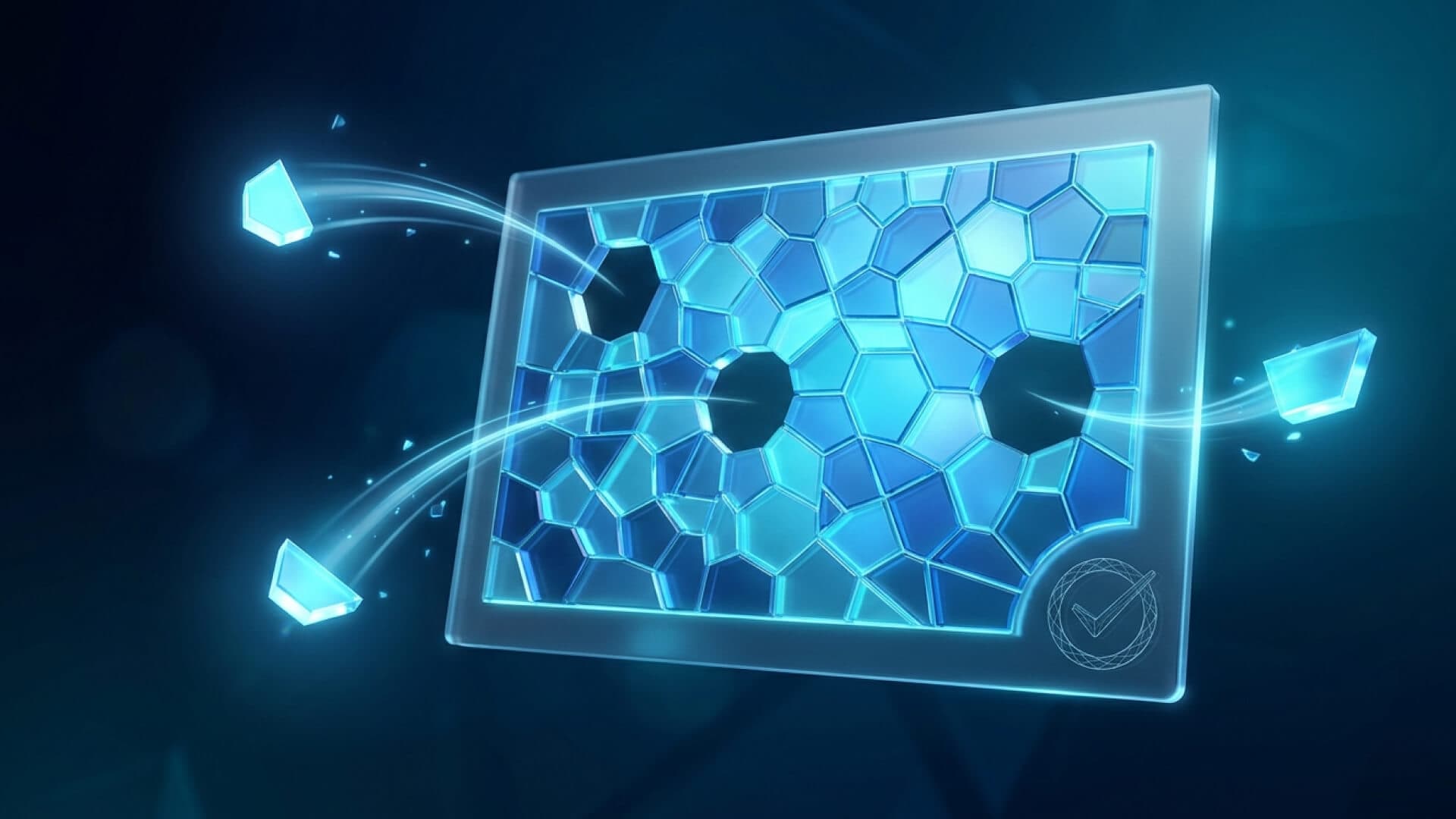 Painel de vidro formado por peças encaixadas como mosaico, com três peças ainda em trânsito por trajetórias de luz e um selo de verificação apagado.