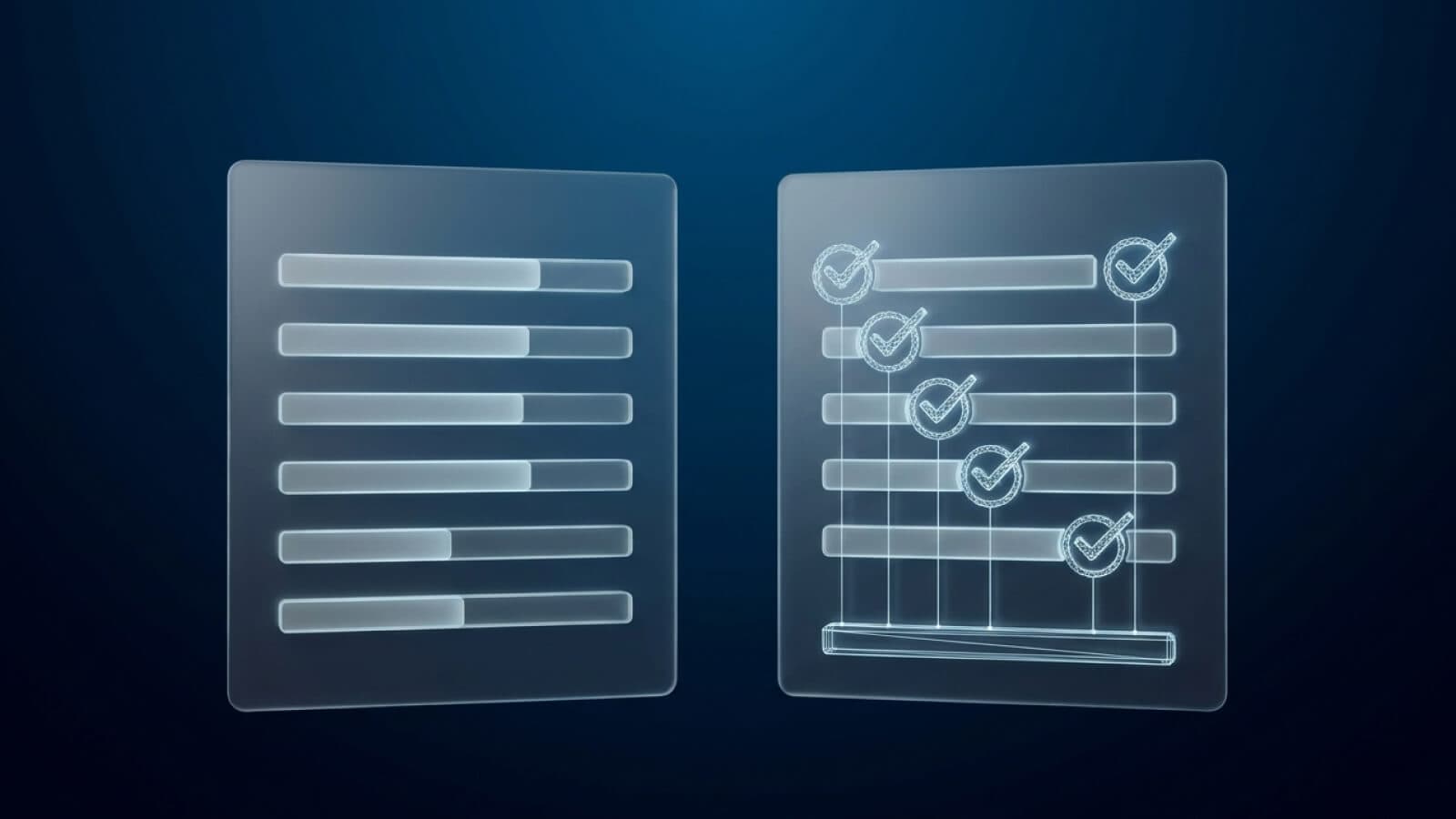 Dois painéis com os mesmos campos preenchidos, o da direita com selos de verificação ligados por linhas de luz a uma base sólida.