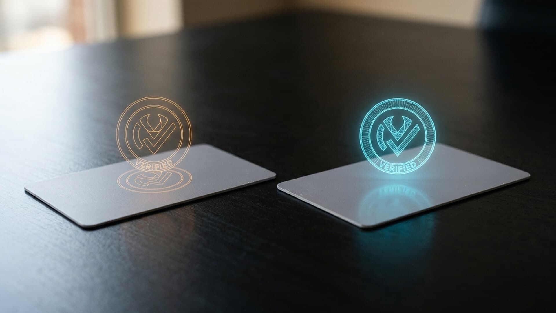 Dois cartões plásticos genéricos idênticos lado a lado, um com selo de verificação aceso e o outro apenas com o contorno do selo em âmbar.