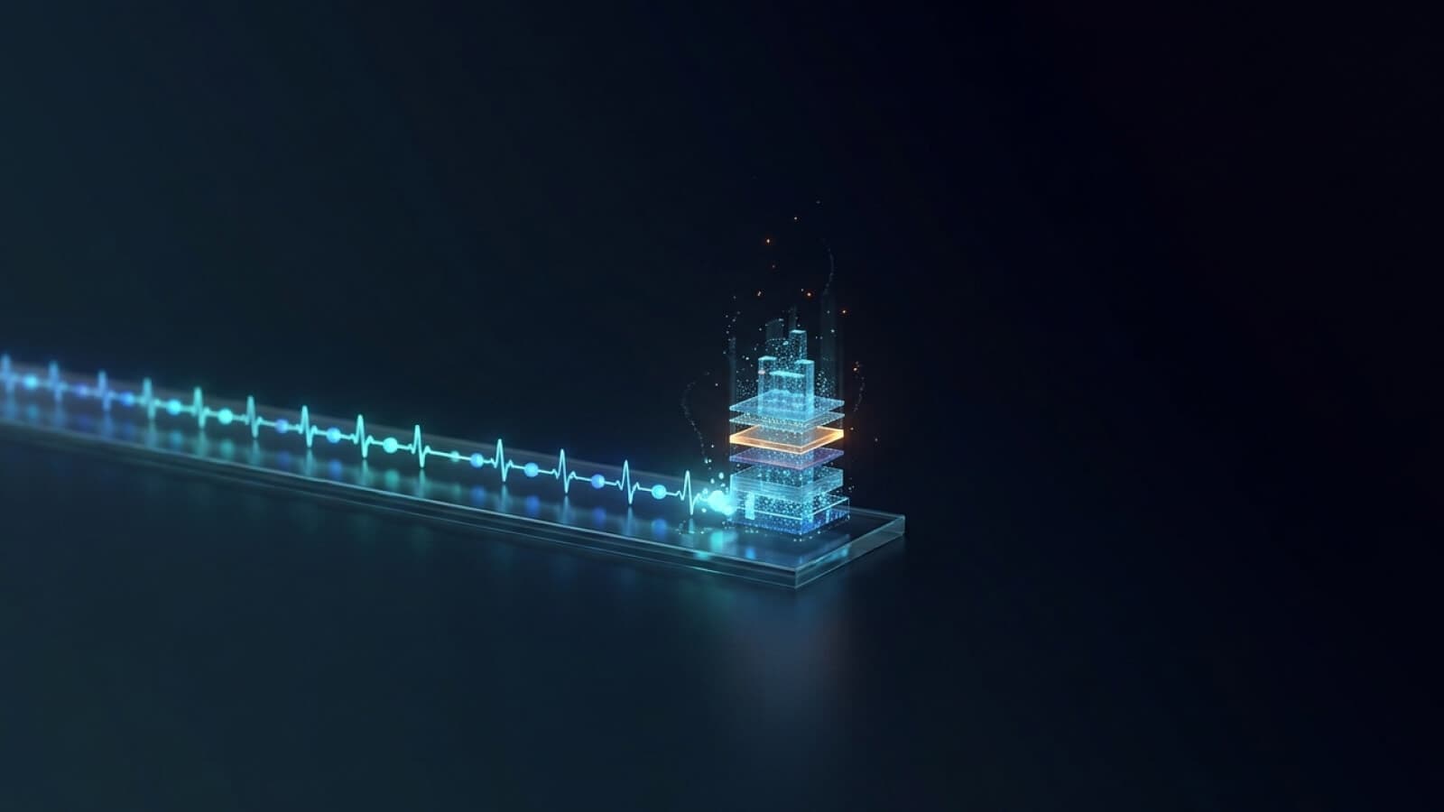 Pulsos de luz regulares em uma linha que se acumulam em uma torre translúcida.
