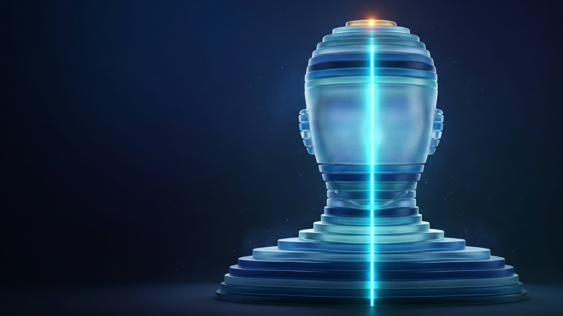 Busto em camadas de vidro empilhadas, atravessado por uma linha de luz que sobe da base.