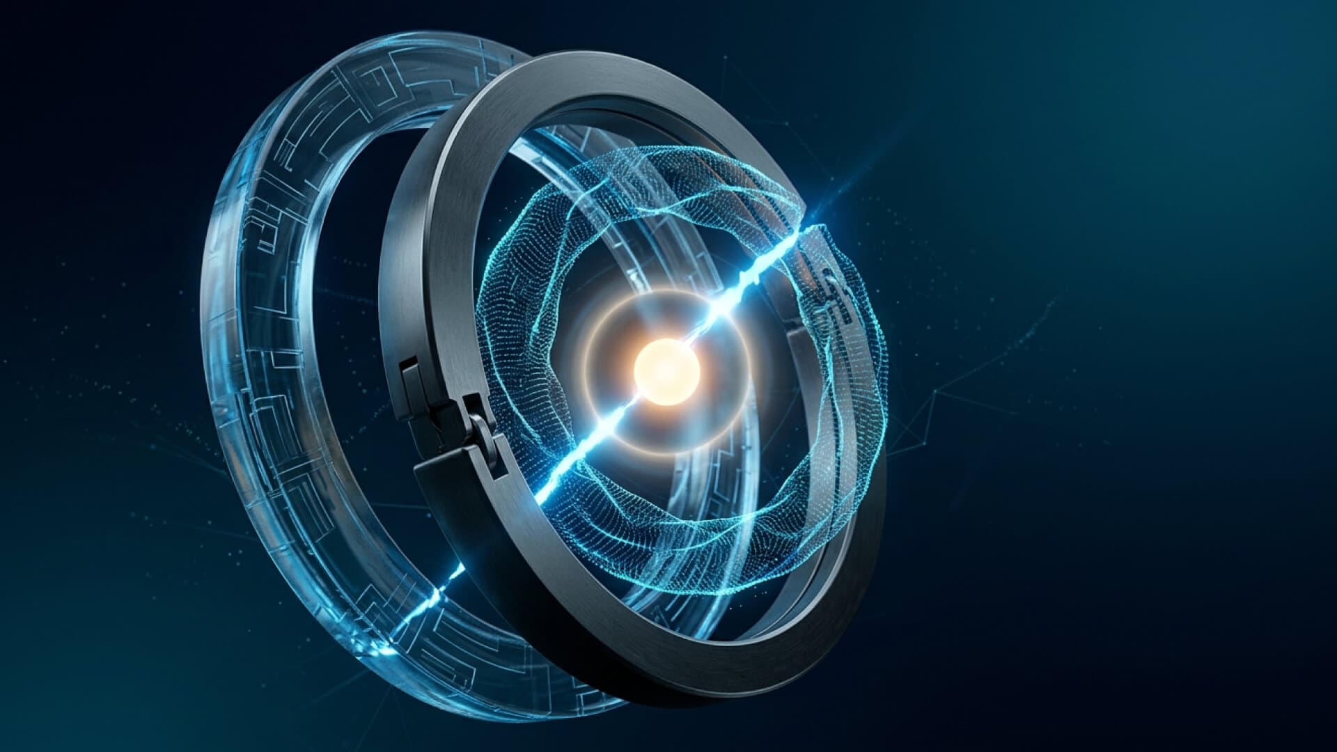 Três anéis concêntricos de materiais diferentes, de vidro gravado, metálico e de partículas luminosas, alinhados por uma fenda de luz que chega a um núcleo.