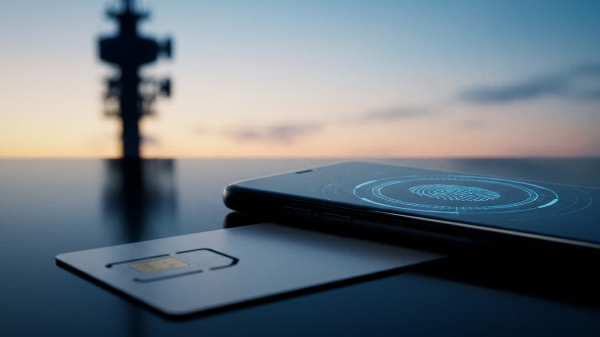 Chip de celular genérico em primeiro plano, smartphone exibindo verificação de identidade em plano médio e torre de telecomunicações desfocada ao fundo.