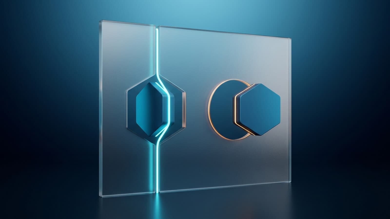 Duas peças hexagonais idênticas diante de duas aberturas, uma hexagonal que a recebe e uma circular que a barra, marcada por um contorno âmbar.