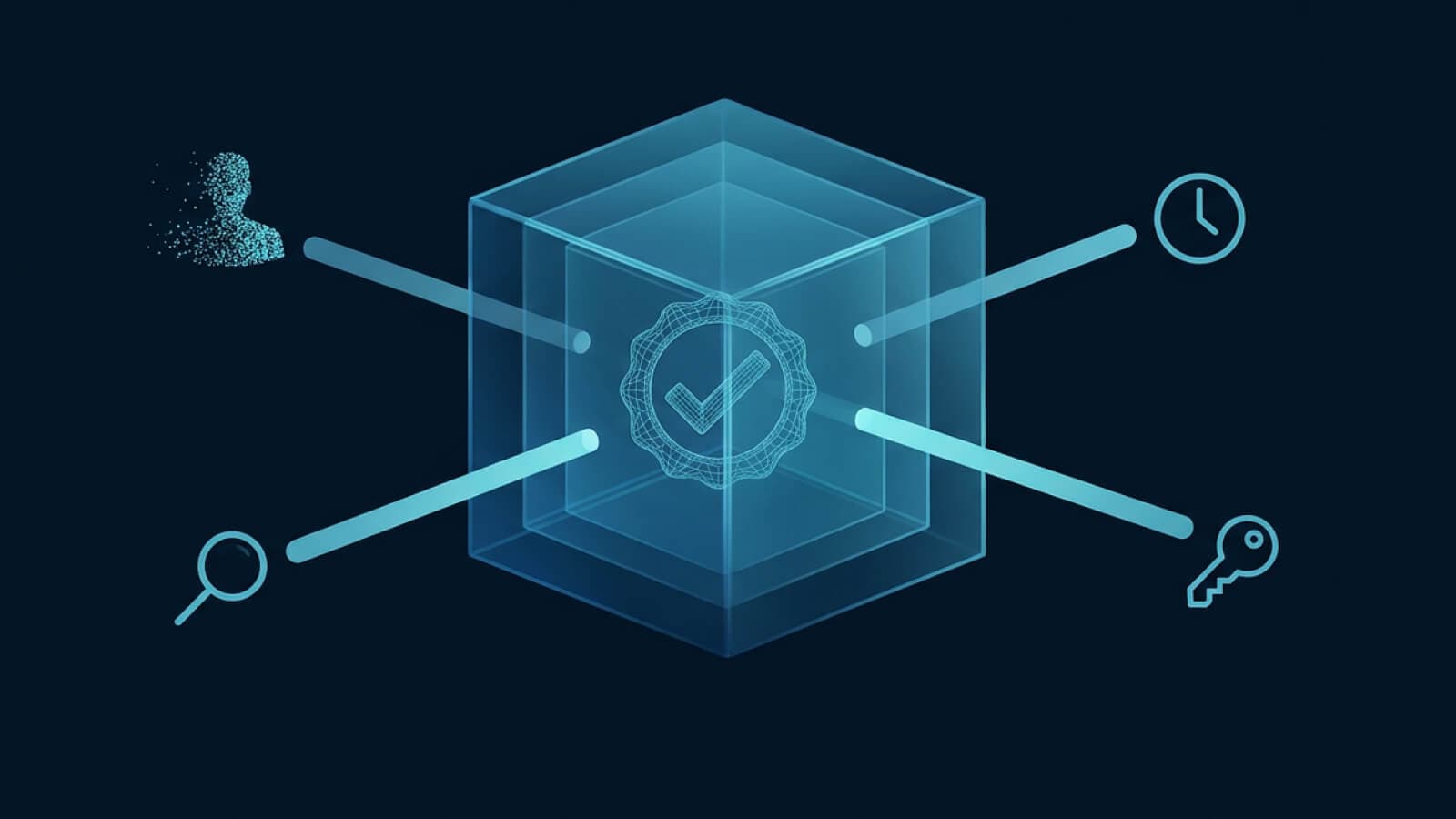 Bloco central de vidro com selo de verificação recebendo quatro feixes de luz vindos de direções diferentes, cada um com um ícone abstrato.