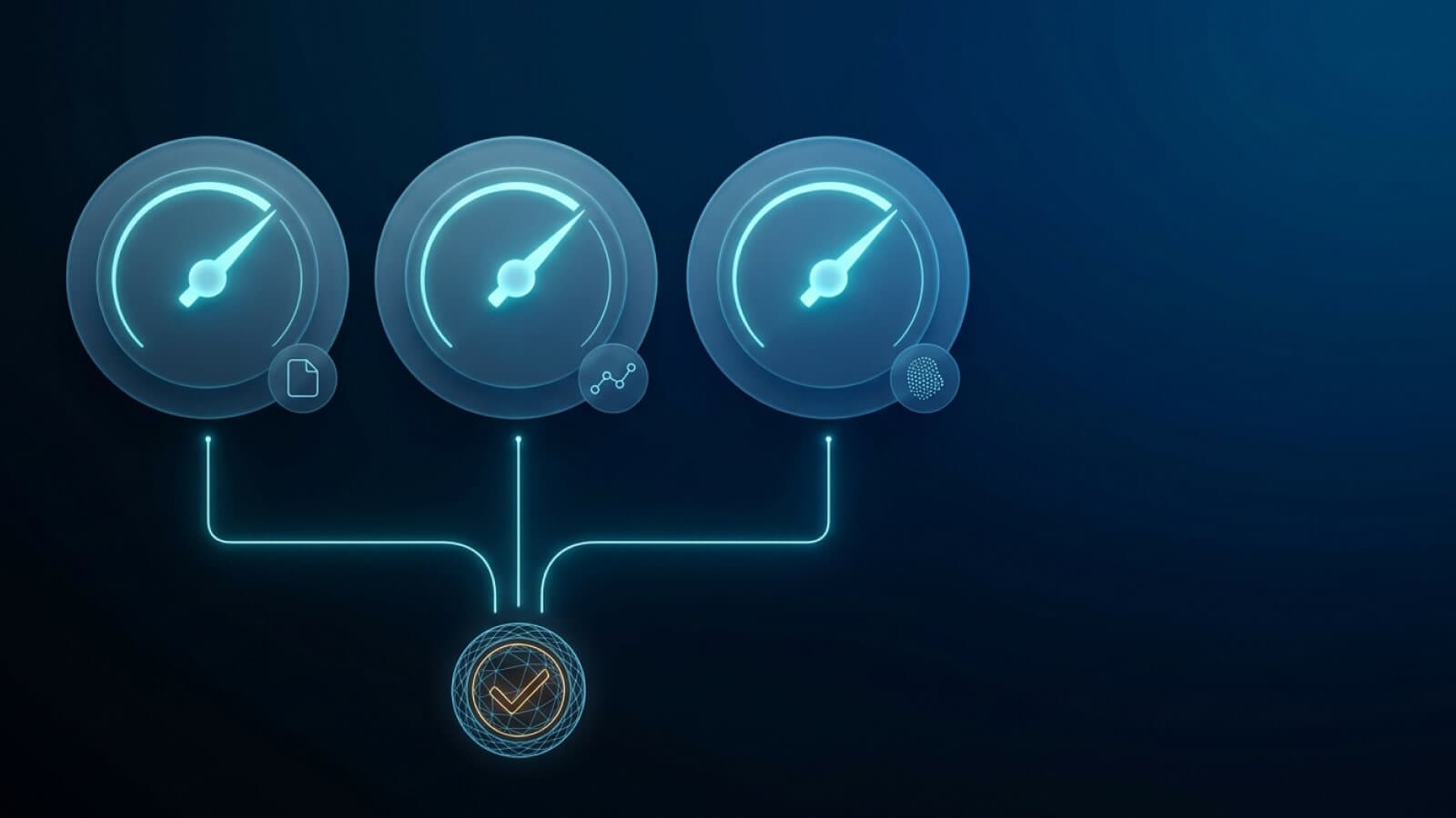 Três mostradores circulares com ponteiros alinhados na mesma posição, ligados por uma linha de luz a um selo de verificação na base.