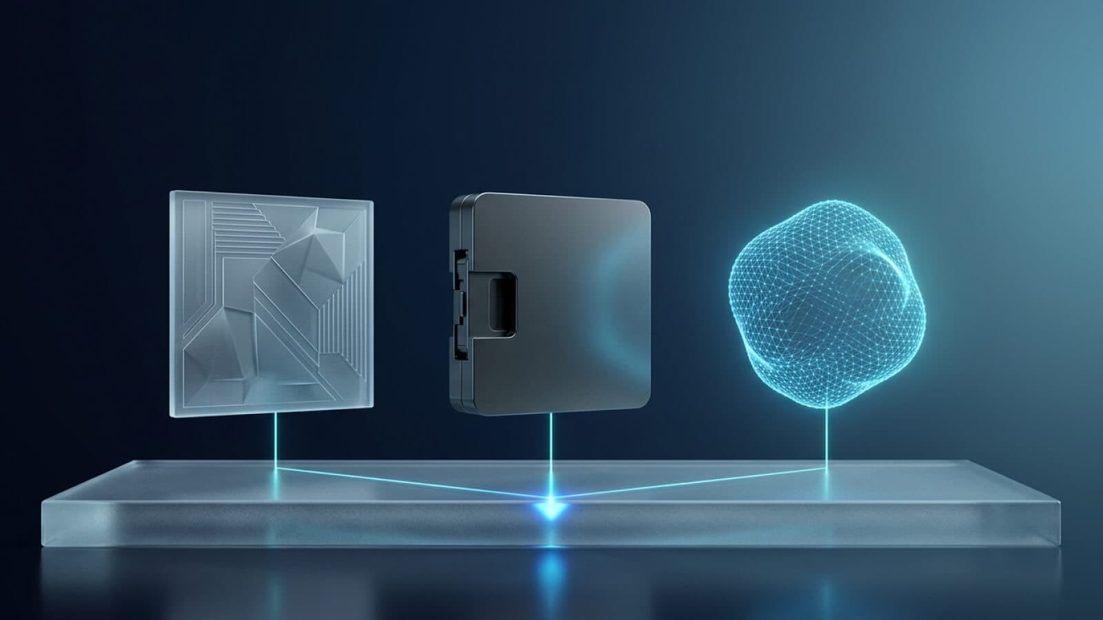 Três objetos abstratos de materiais distintos alinhados sobre uma base de vidro, com linhas de luz descendo de cada um até um ponto único.