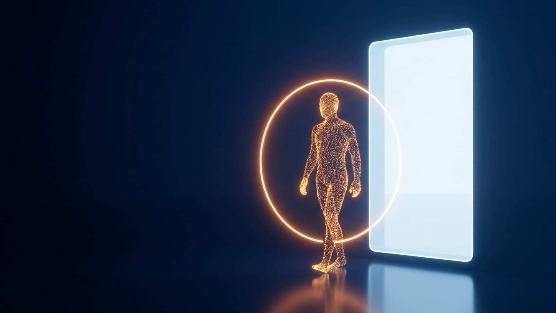 Silhueta humana abstrata de partículas luminosas atravessando um portal de luz, envolvida por um anel de proteção, sem rosto reconhecível.