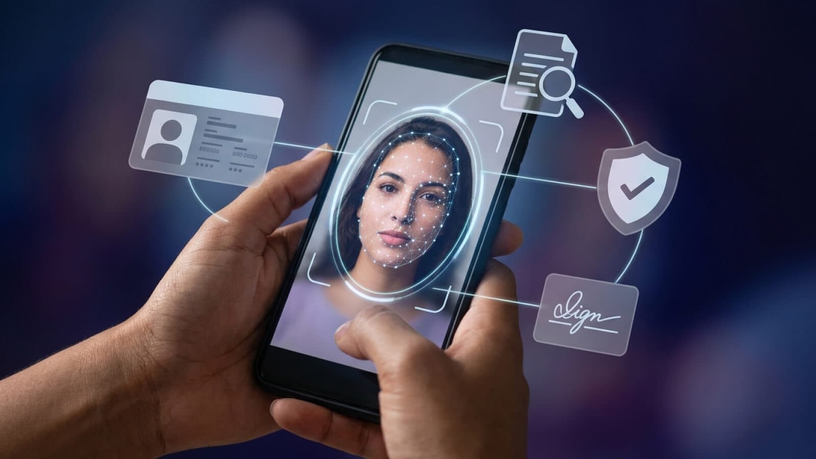 Smartphone realizando verificação de identidade com biometria facial e camadas de segurança da Plataforma Valid