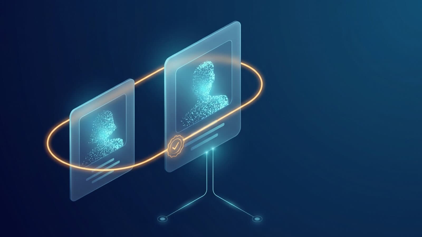 Dois cartões de perfil abstratos ligados por um laço de luz que se fecha em um selo de verificação, com linhas de consulta partindo do perfil maior.